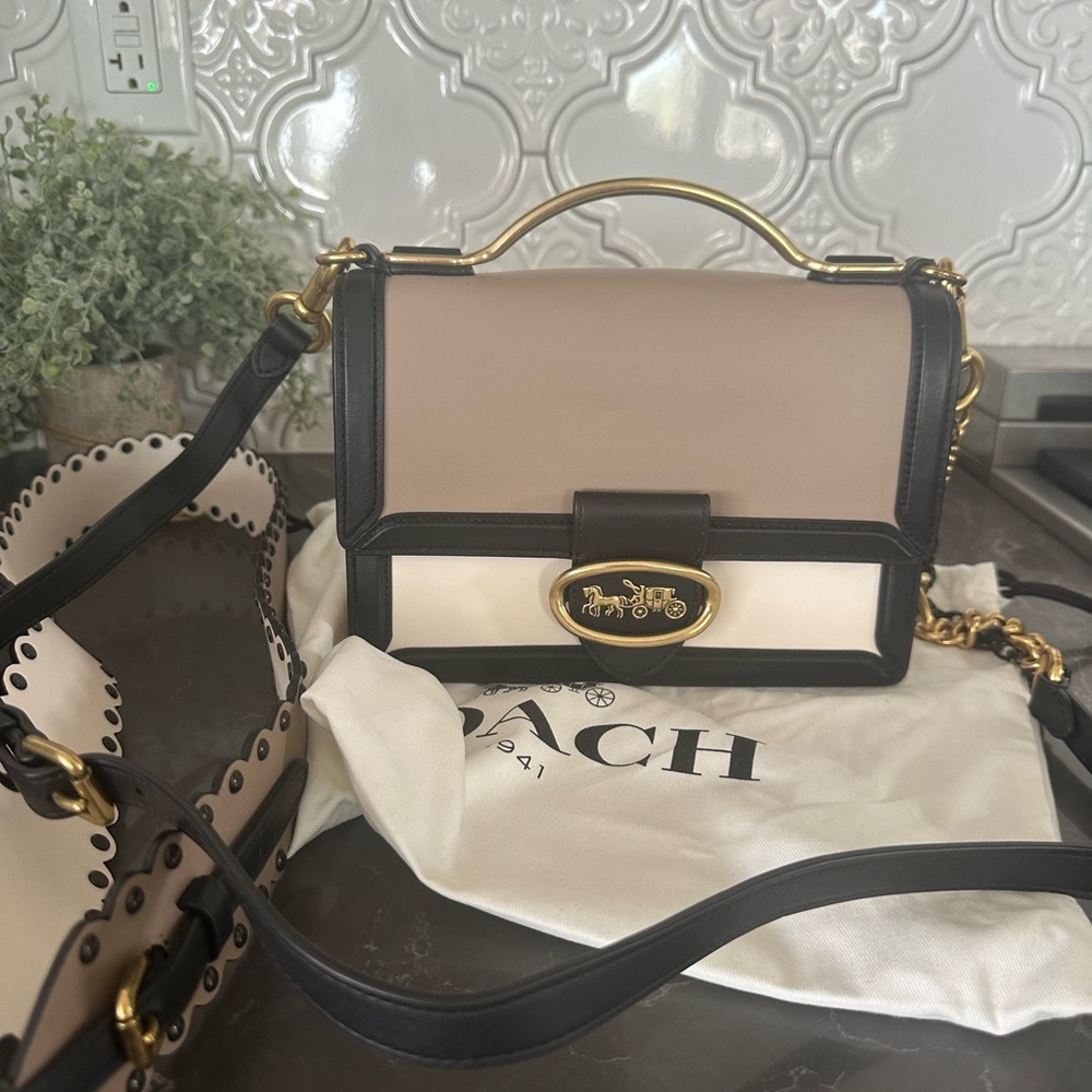 New Coach Riley 22 Top Handle Color-block and Scalloped Rivet Leather Strap